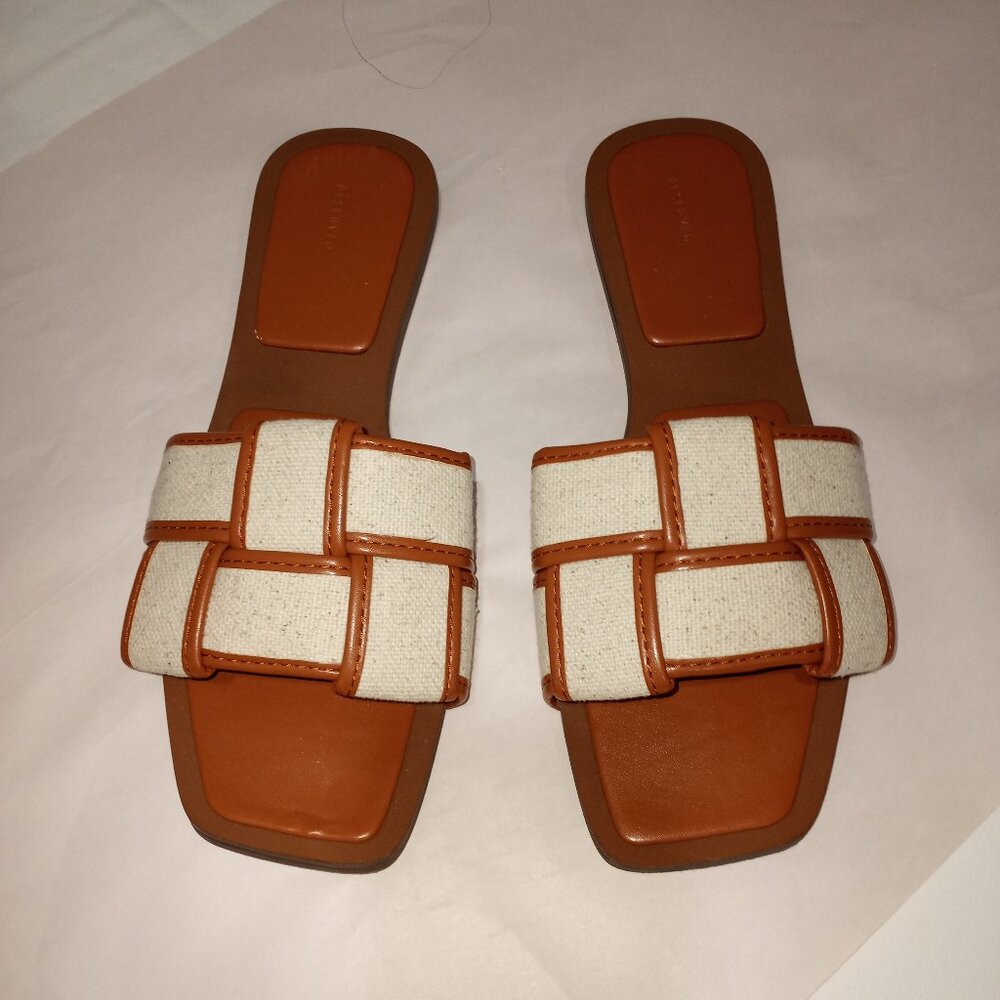 RESERVED SQUARE TOE SLIDERS WITH FABRIC STRAPS BEIGE BROWN WOMENS SIZE 41